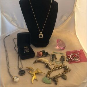 13 PC Jewelry Set: Earrings, Necklaces, Rings, Jewelry Dish, Pins, Bracelet